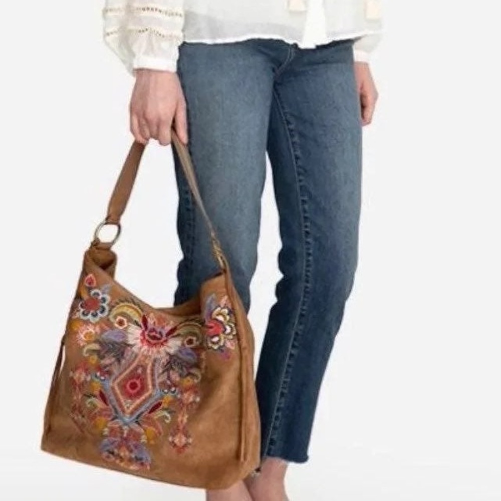 Johnny Was Embroidered Paola Havana Suede Bag
